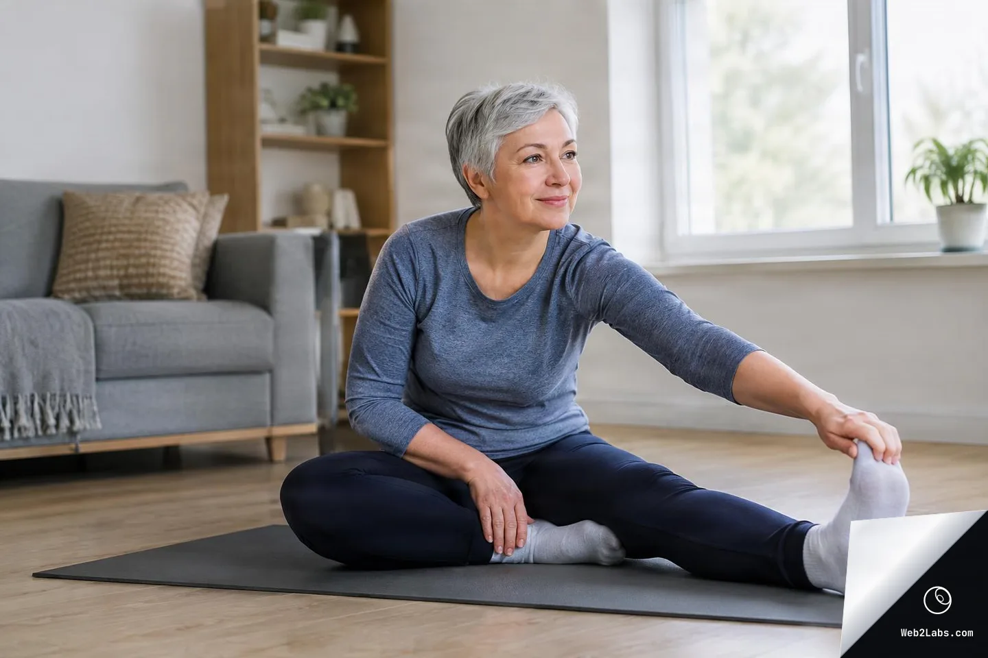 Older woman with short gray hair sits on a yoga mat in a living room and gently stretches toward her extended foot, smiling in natural window light.