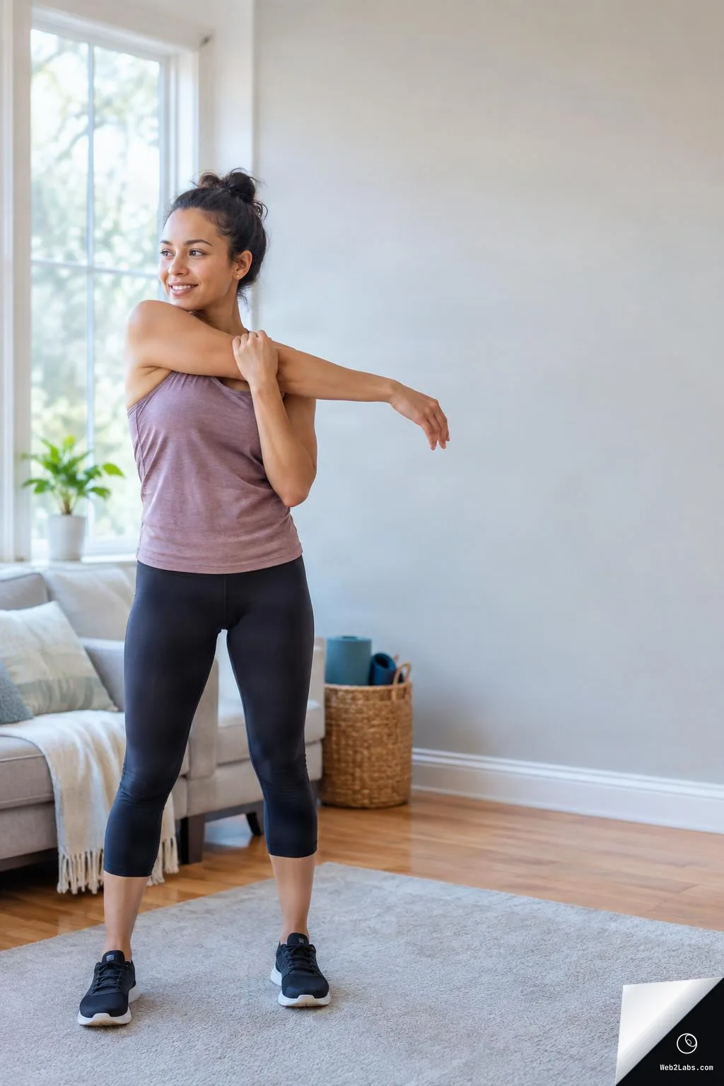 Woman in workout clothes stretching her arm across her chest in a bright living room, standing on a rug with a sofa and window behind her and empty wall space on the right.