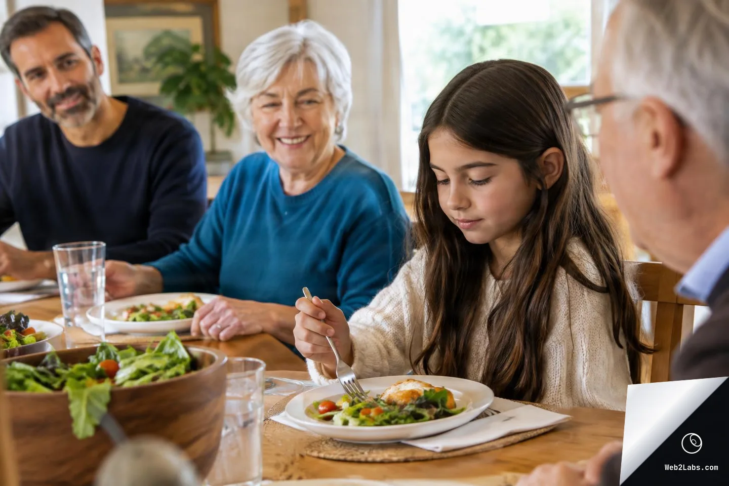A young girl sits at a dining table holding a fork over a plate of salad while older family members sit nearby in soft focus, suggesting a multigenerational family meal in a bright home dining room.