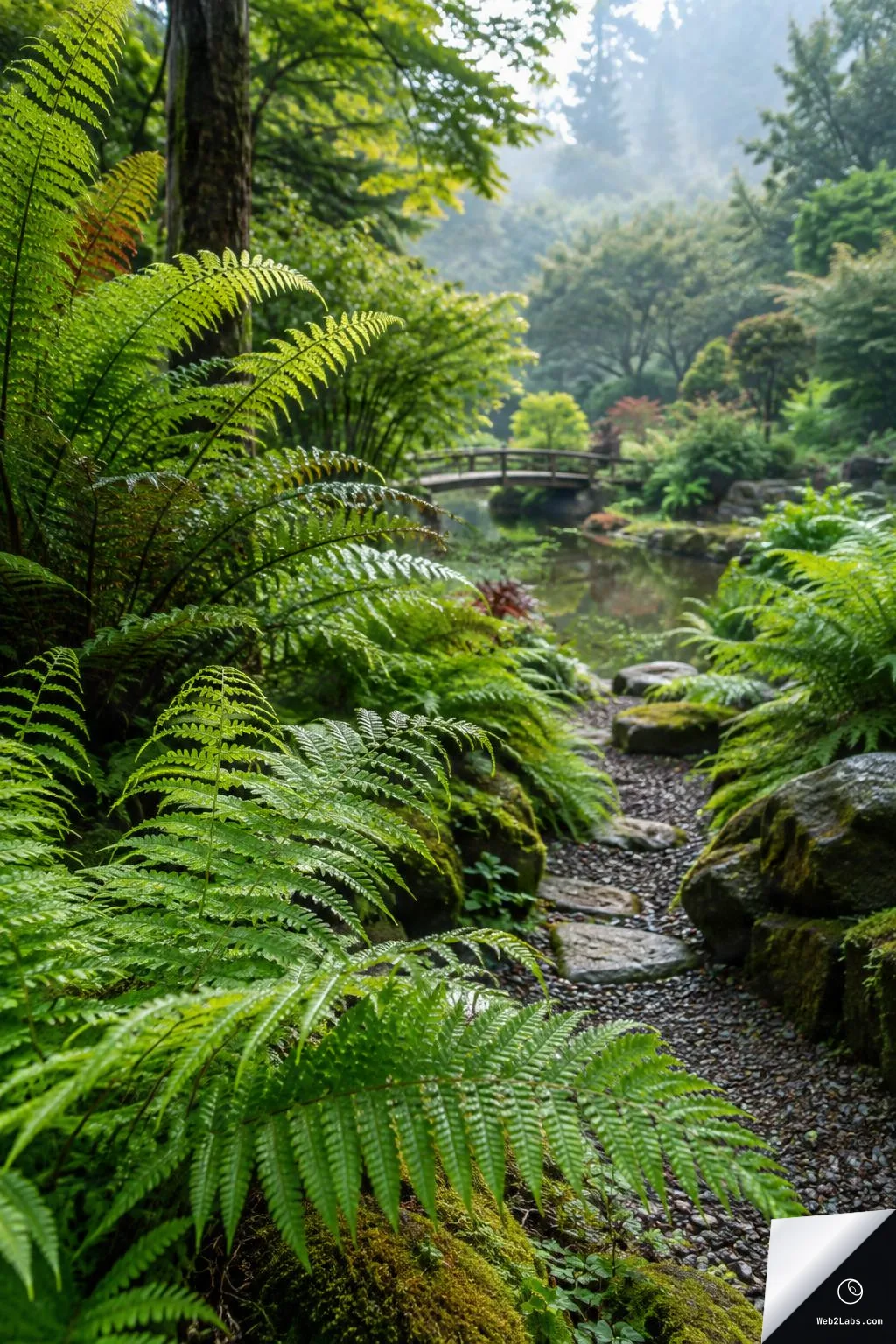 Vertical photo of bright green ferns along a gravel path with stepping stones, leading to a small wooden bridge over a pond in a misty, forested garden.