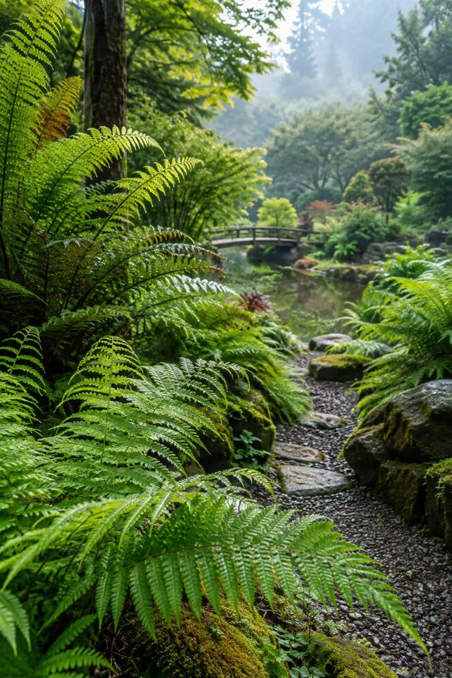 Fern-Lined Garden Path and Bridge