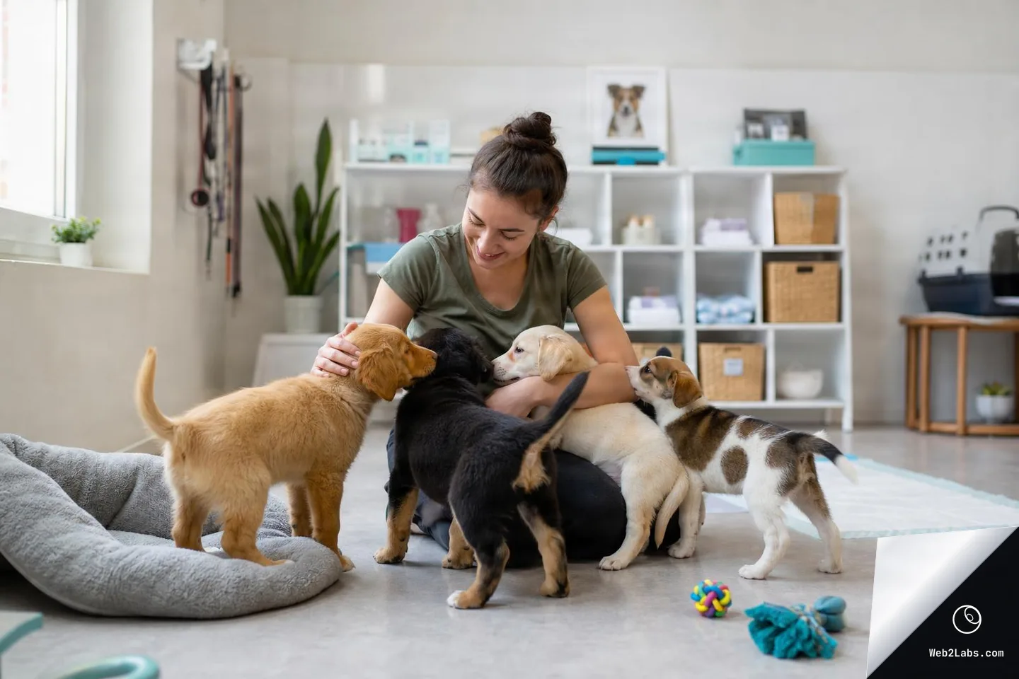 A woman sits on the floor petting and holding puppies while three other puppies gather around her in a bright room with shelves, a dog bed, and toys on the floor.