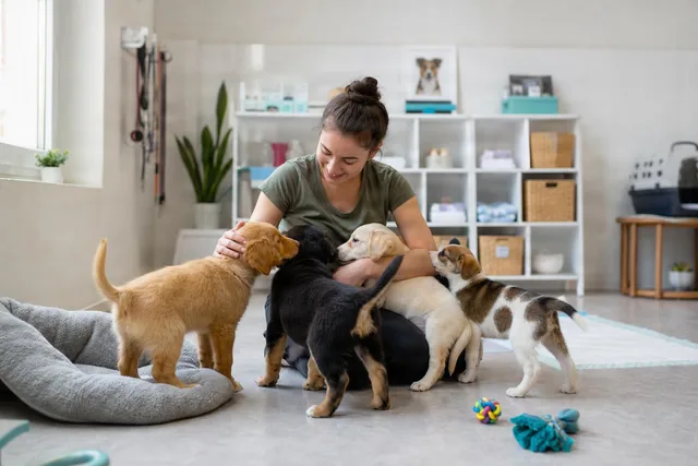 Woman Caring for Playful Puppies