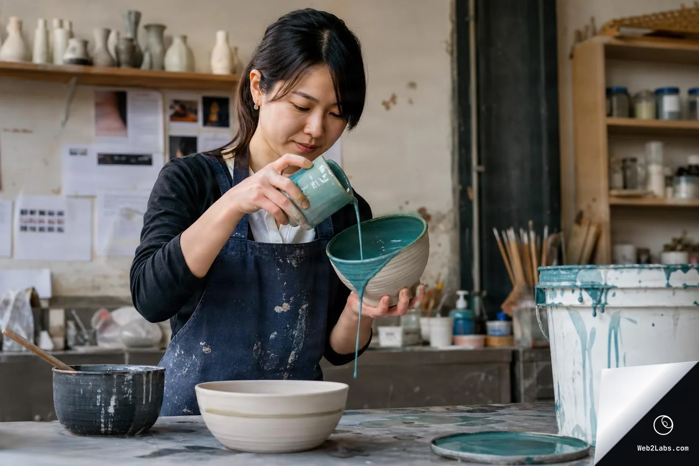 Ceramic artist in an apron pours teal glaze from a cup into a large bowl at a pottery studio workbench, with tools, shelves, and glaze buckets in the background.