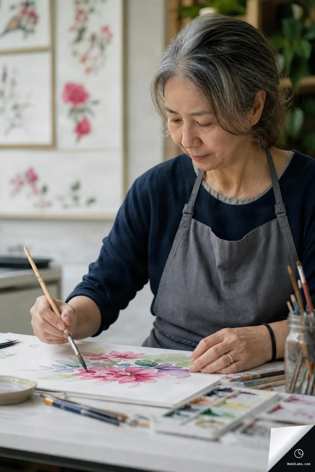 Woman in an apron painting pink and purple watercolor flowers on paper at a desk, with brushes and paint palette in a bright studio.
