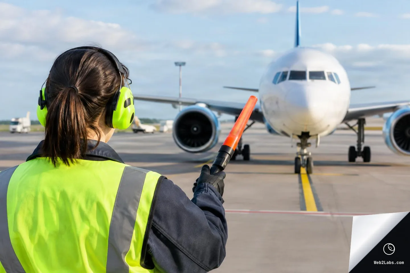 Rear view of an airport ground crew worker wearing a high-visibility vest and hearing protection, holding an orange marshalling wand while a passenger jet approaches on the taxi line.