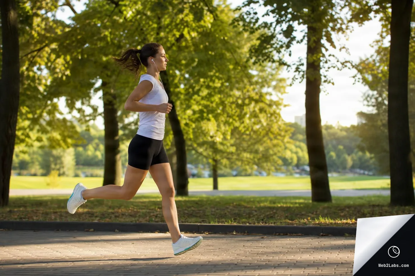 Side view of a woman jogging on a paved path in a green park with trees and warm sunlight in the background.