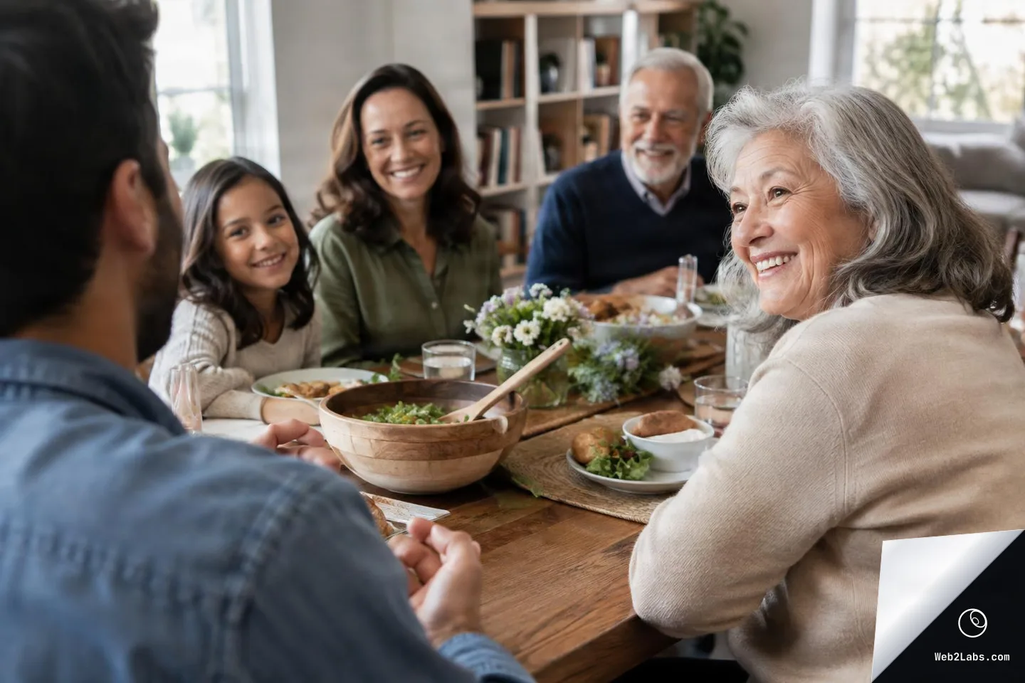 Over-the-shoulder view of a man at a wooden dining table as an older woman smiles, with a mother, child, and older man in the background during a family meal with salad and bread on the table.