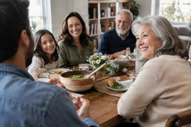 Family Dinner Conversation Over Shoulder