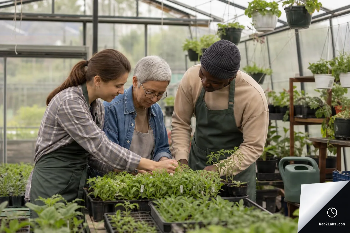Three gardeners in aprons lean over trays of seedlings inside a greenhouse, collaborating while checking and handling young plants; hanging pots and watering can in the background.
