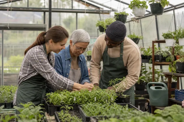 Gardeners Collaborating in Greenhouse