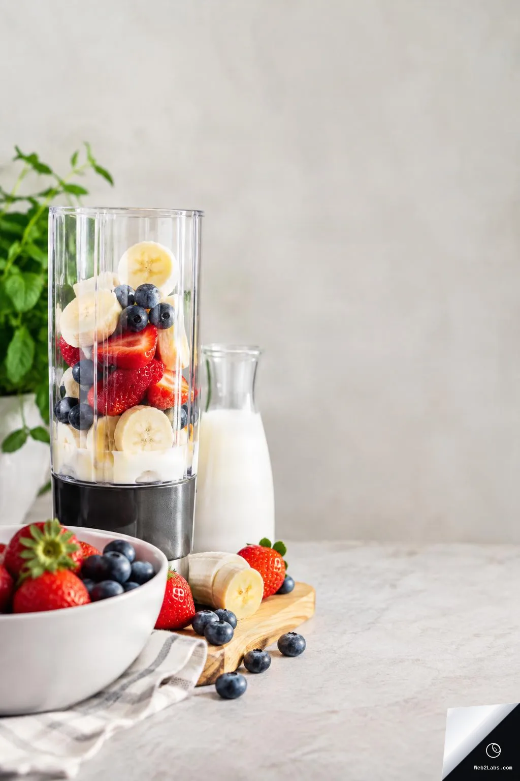 Blender cup filled with banana slices, strawberries, blueberries, and yogurt on a light kitchen counter, with a small bottle of milk and fresh berries beside it and large blank space on the right.