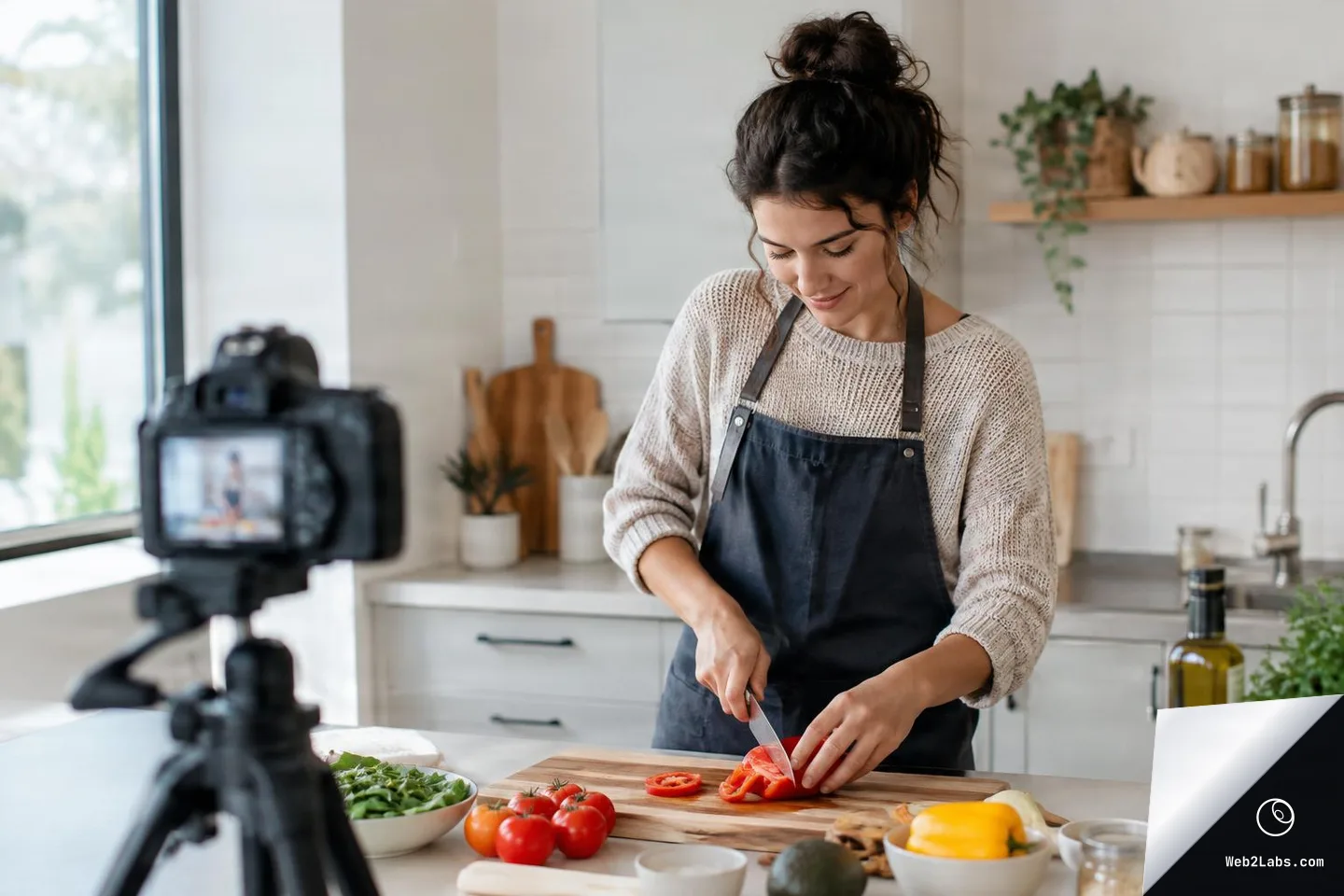 Woman in an apron slices a red bell pepper on a cutting board in a bright kitchen while a DSLR camera on a tripod films from the foreground; tomatoes, greens, and olive oil sit on the counter.