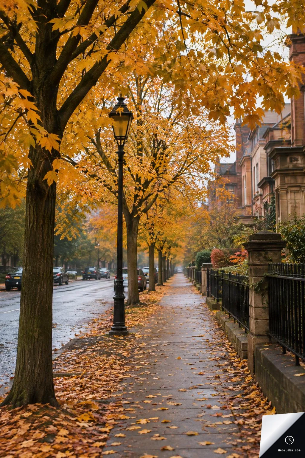 Vertical photo of a tree-lined city street in autumn with yellow-orange leaves, a black lamppost on a wet sidewalk covered in fallen leaves, parked cars on the left, and townhouse facades with iron fencing on the right.