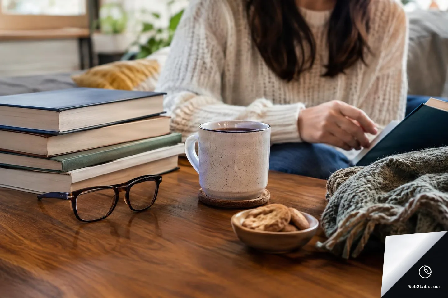 Stack of hardcover books and eyeglasses on a wooden table beside a speckled mug of tea and a small bowl of cookies, with a person in a knit sweater reading on a sofa in the background.