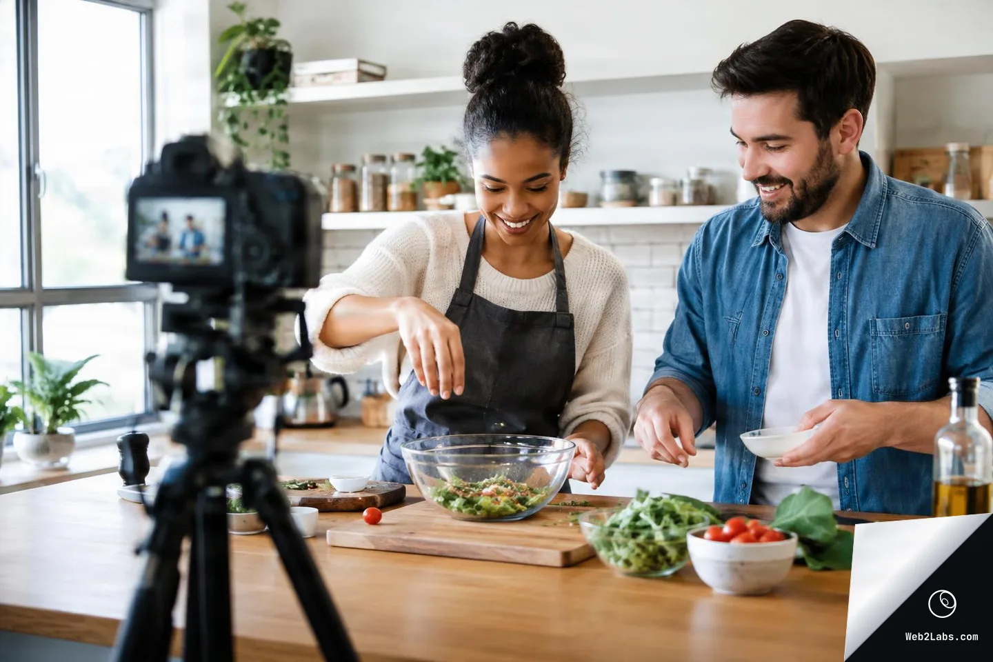 Two people in a modern kitchen prepare a salad together while a camera on a tripod films them from the counter, with bowls of greens and tomatoes in the foreground.