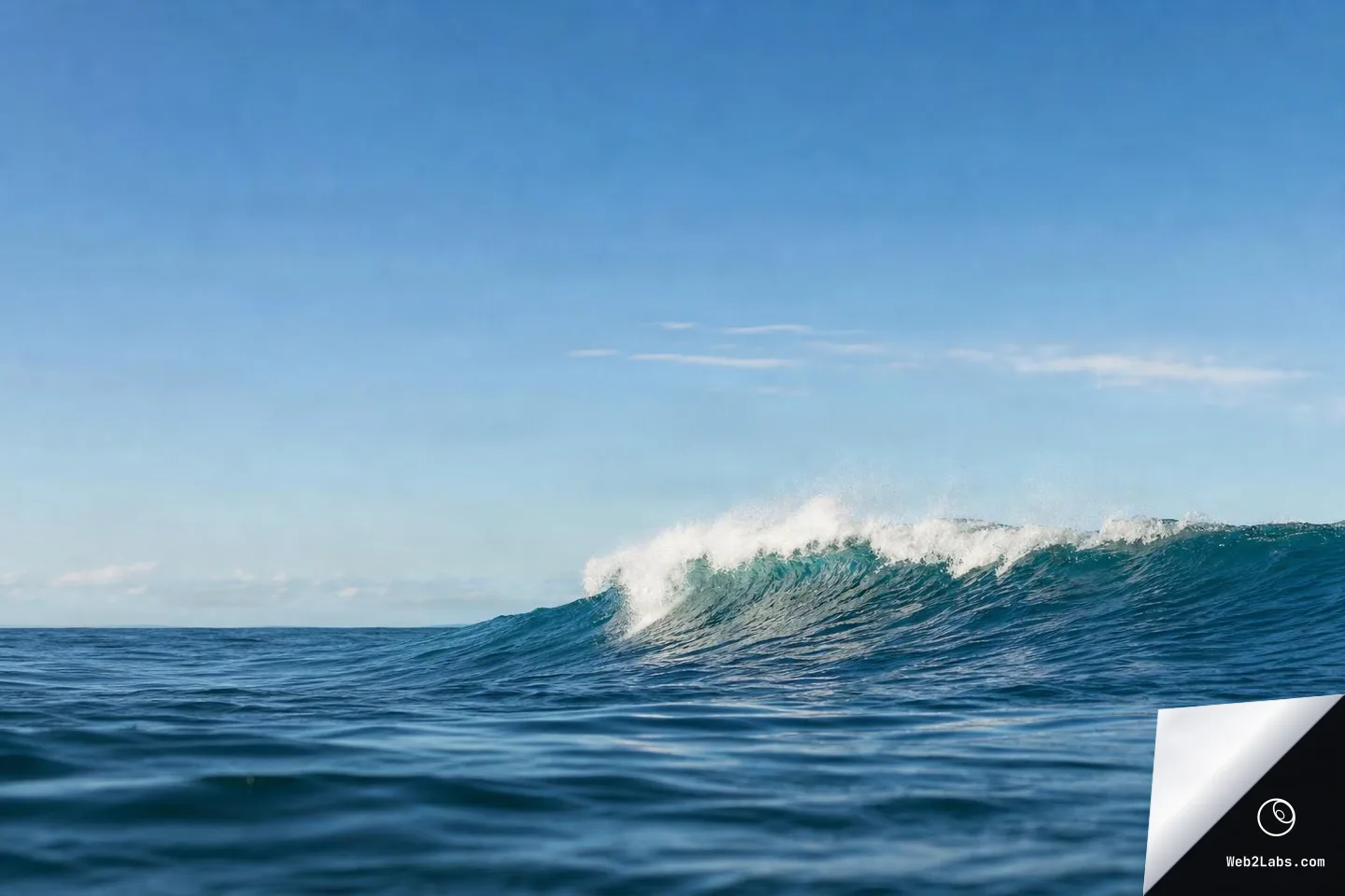 A single ocean wave cresting with white spray under a broad, clear blue sky, viewed from water level with the horizon in the distance.