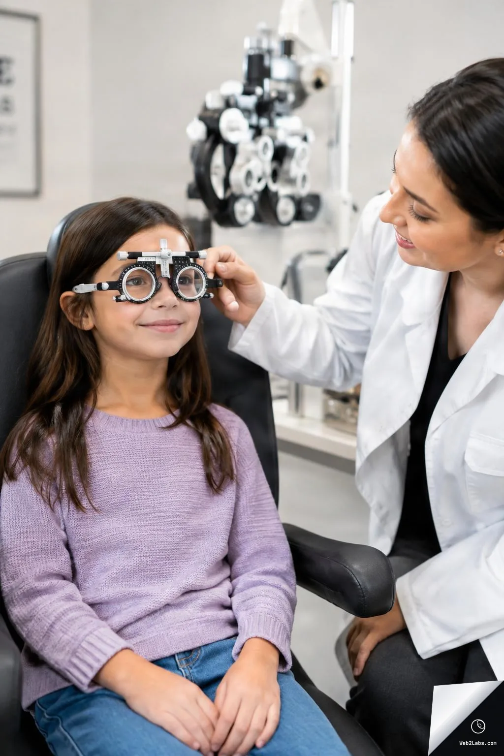 A smiling young girl sits in an exam chair wearing a trial frame while an optometrist in a white coat adjusts it in an eye clinic.