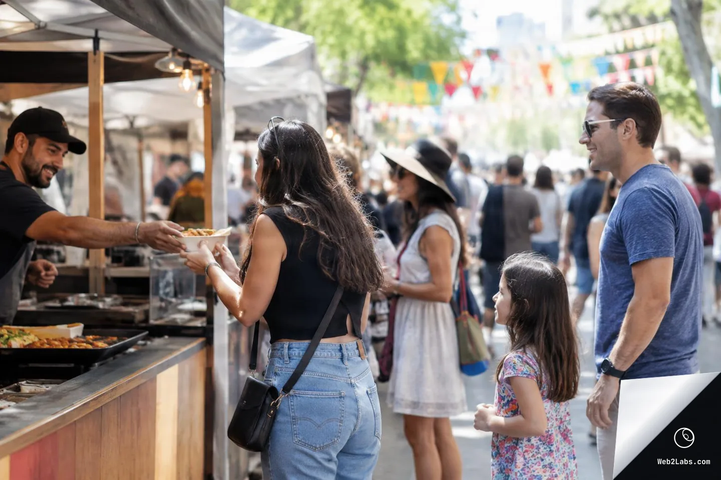 A food vendor hands a bowl of food to a woman at an outdoor street festival while a man and a young girl wait beside her, with bunting and a busy crowd in the background.