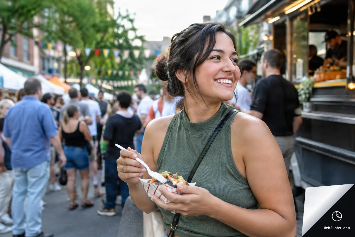 Smiling woman holding a paper food tray and plastic fork beside a food truck at a crowded outdoor street festival with bunting flags in the background.