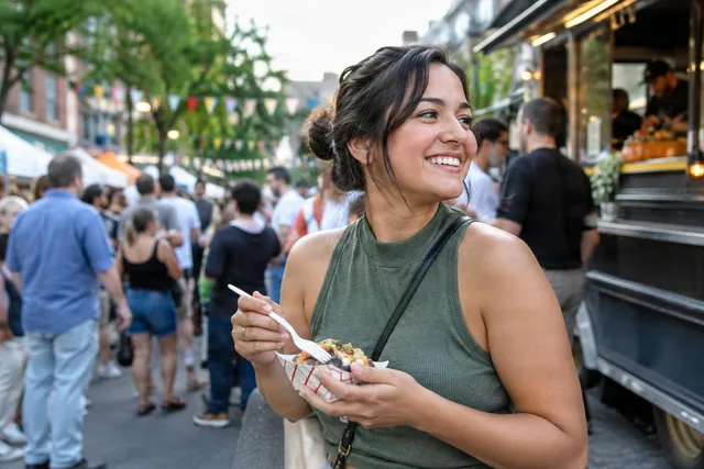 Woman Eating at Street Festival