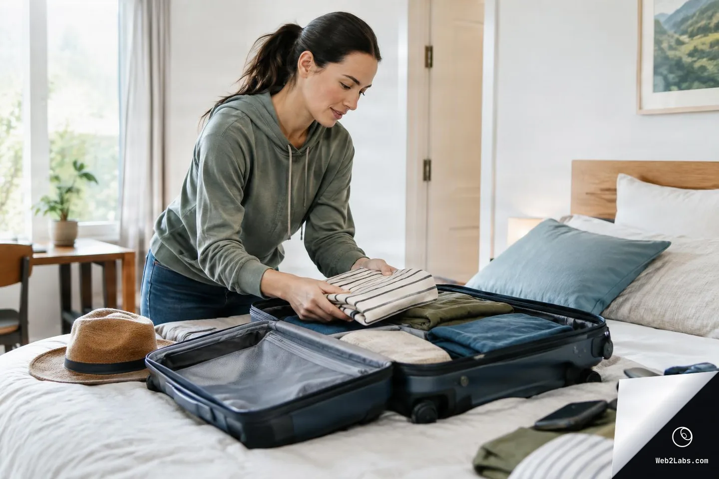 Woman in a green hoodie packing folded clothes into an open suitcase on a bed, with a straw hat and travel items nearby in a bright bedroom