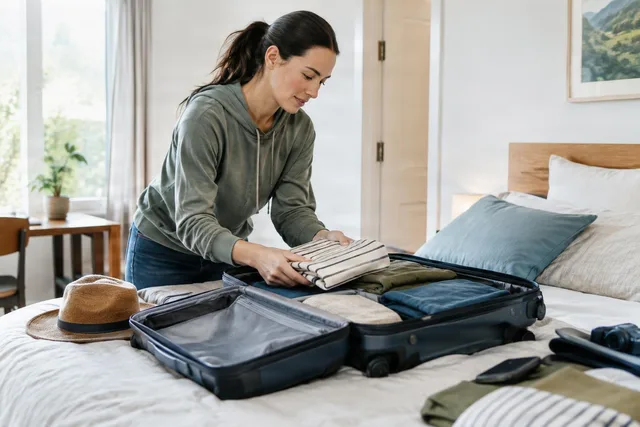Woman Packing Suitcase on Bed