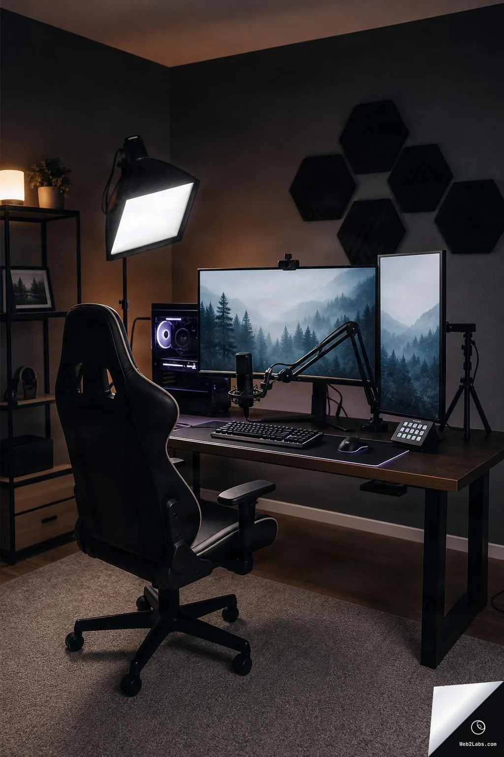Vertical view of a streaming desk setup with a gaming chair, dual monitors showing a misty forest wallpaper, a microphone on a boom arm, a webcam, a softbox light, a PC tower with RGB lighting, and acoustic wall panels in a dim home office.