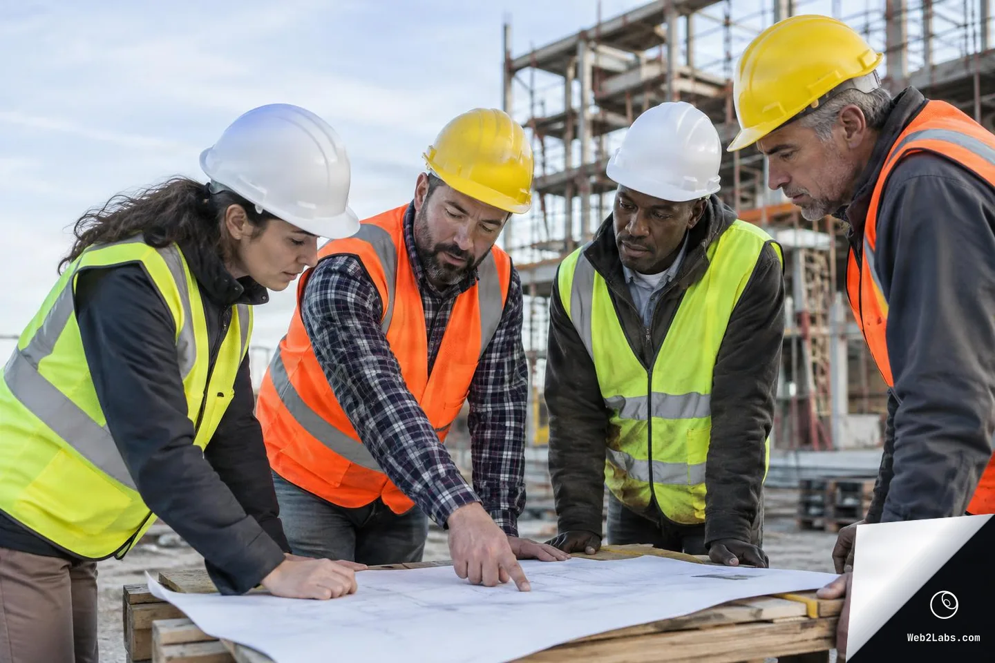 Four construction workers wearing hard hats and safety vests lean over blueprints on a wooden table at a building site, discussing the plan with scaffolding behind them.