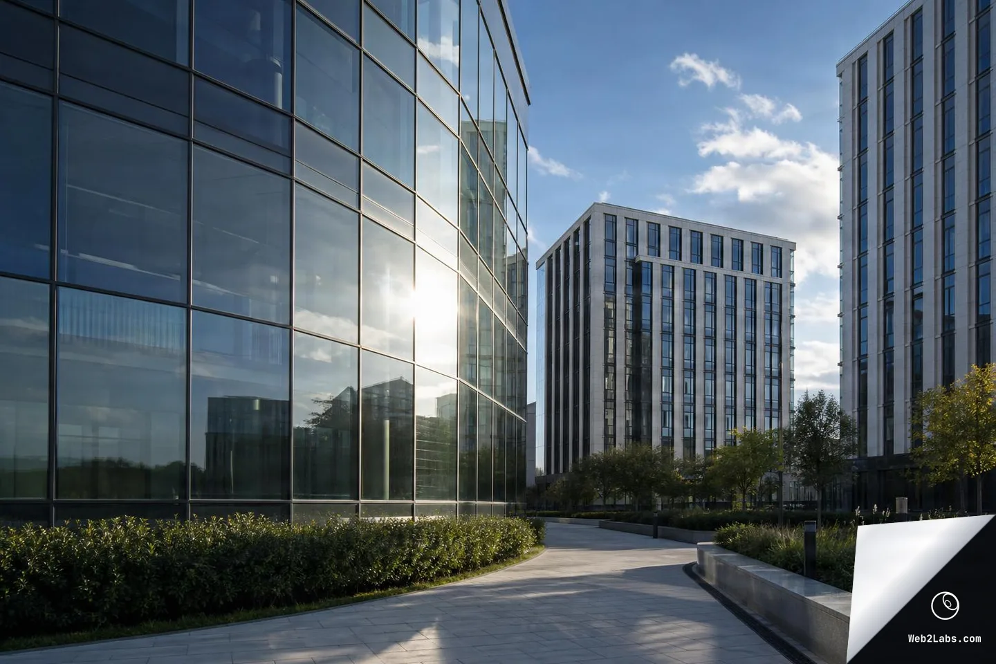 Modern office buildings with reflective glass windows beside a landscaped walkway, lit by low sun under a partly cloudy blue sky.