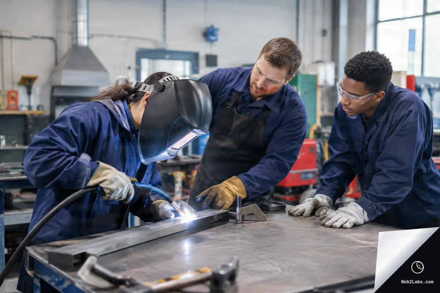 Three workshop workers collaborate at a metal workbench as one person welds with a helmet and torch while two coworkers watch and point, wearing protective gloves and eyewear in an industrial shop.