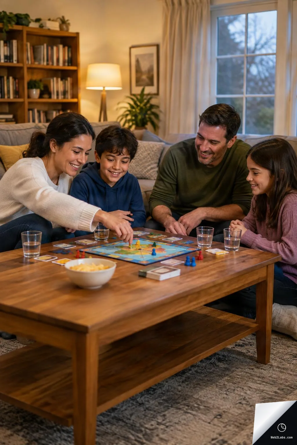 Two parents and two children smile while playing a colorful board game around a wooden coffee table with glasses of water and a bowl of chips in a cozy living room.