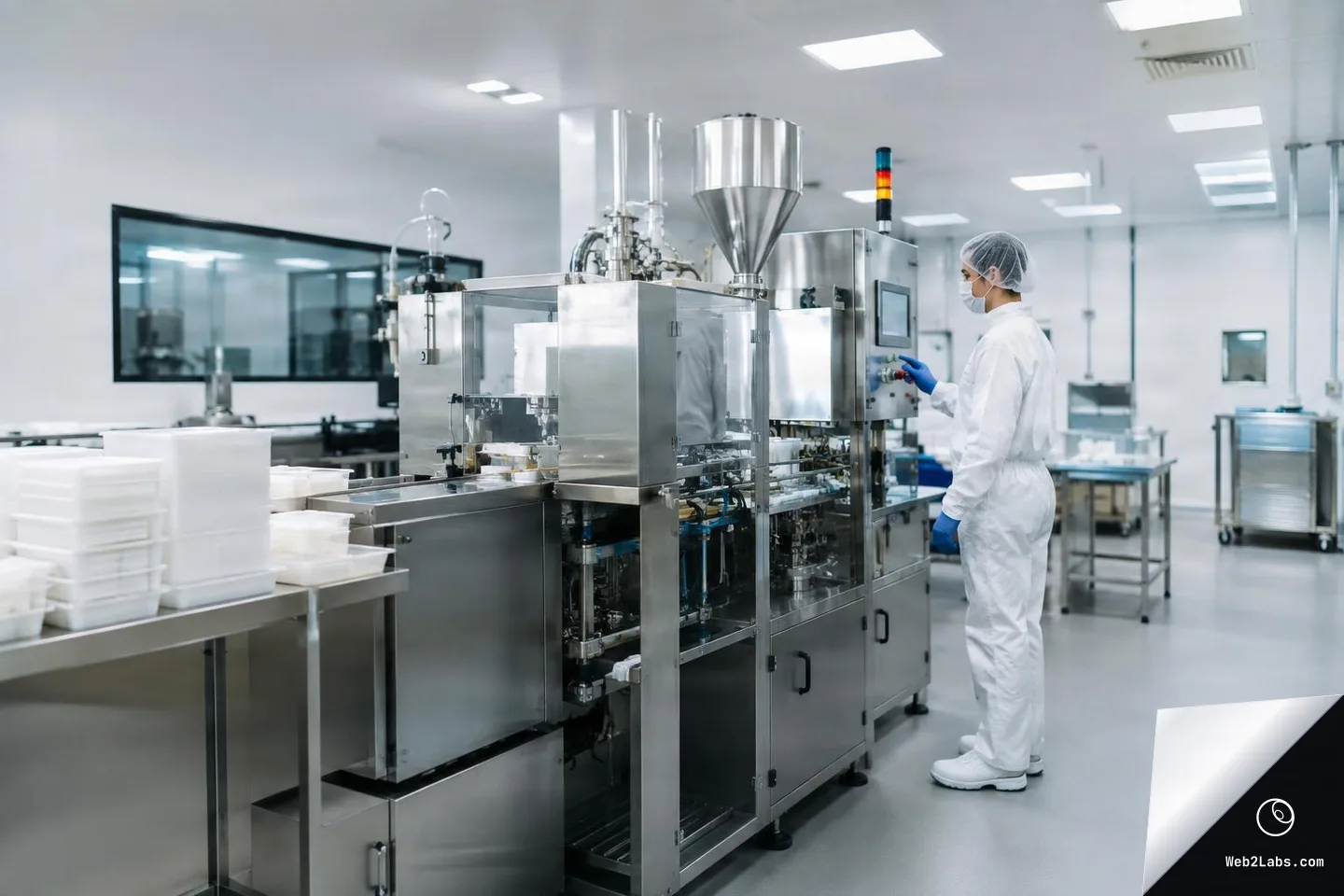 Worker in white cleanroom suit and hairnet operates a stainless steel packaging machine in a bright sterile manufacturing facility, with plastic containers stacked on a table in the foreground.