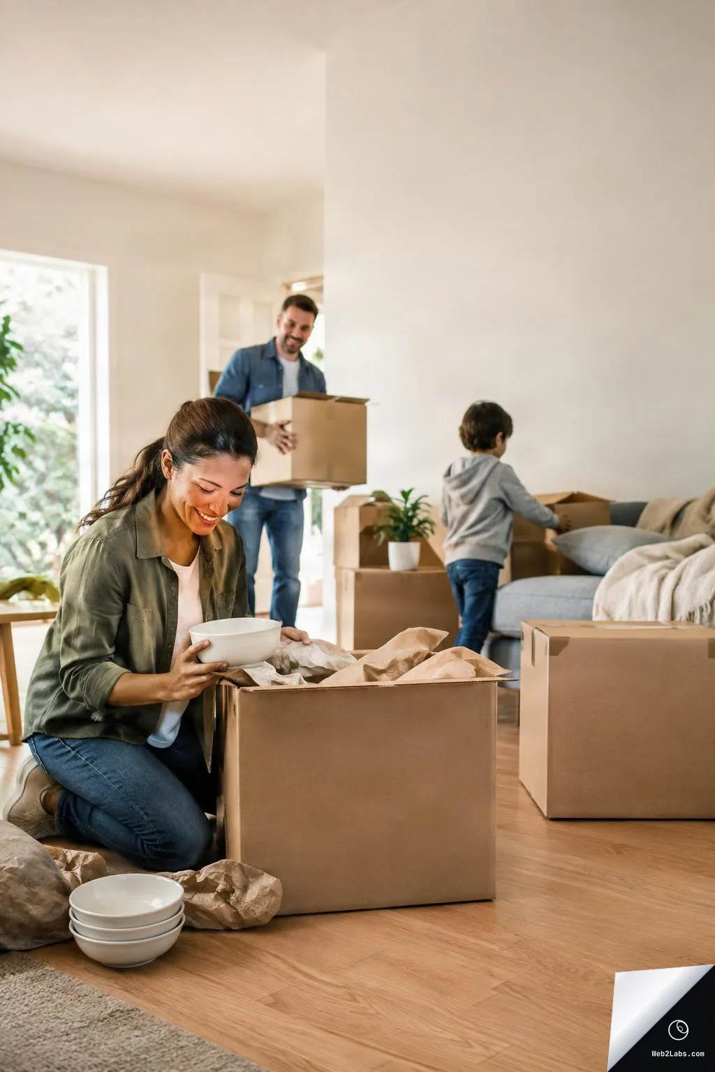 Woman kneeling by an open moving box holding a white bowl while a man carries a box in the background and a child stands near a sofa in a bright living room, with empty wall space on the right.