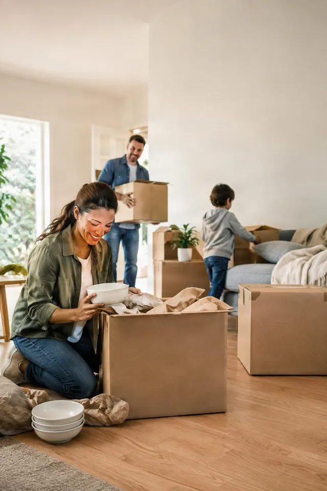 Family Unpacking in New Living Room