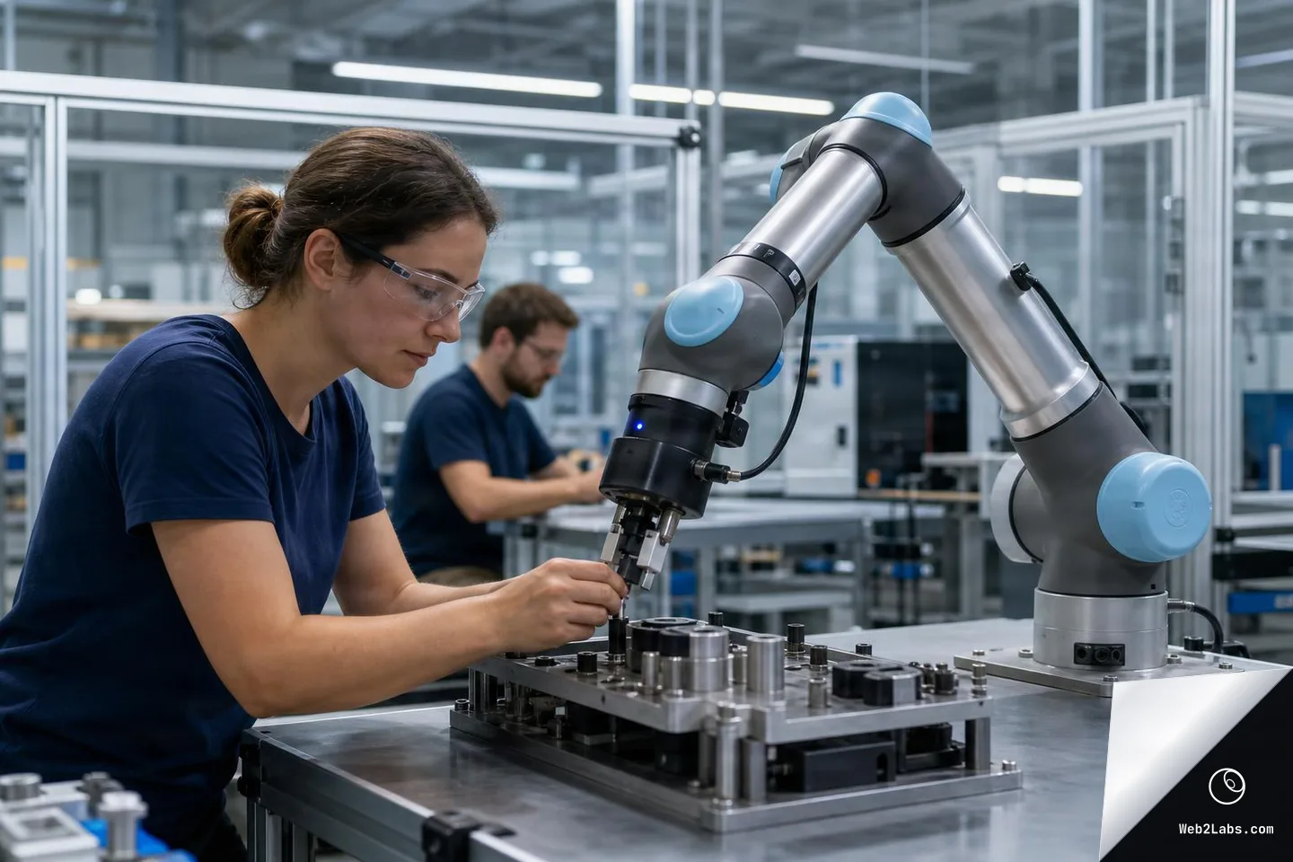 Woman wearing safety glasses adjusts a metal fixture on a workbench next to a collaborative robot arm in a modern industrial lab, with a second worker blurred in the background.