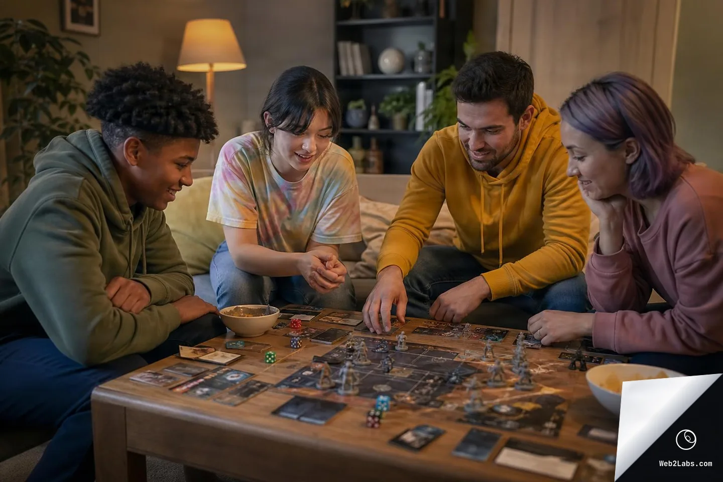 Four friends sit around a wooden coffee table in a living room, playing a cooperative tabletop board game with miniatures, cards, and colorful dice while snacks sit in bowls nearby.