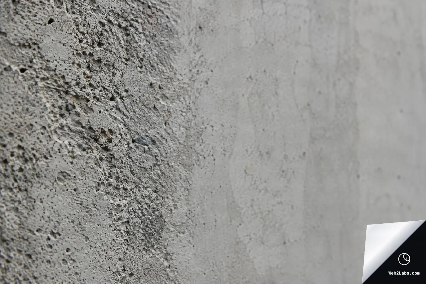Close-up of a gray concrete wall with rough, pitted texture in sharp focus on the left and a smoother, softly blurred surface extending to the right.
