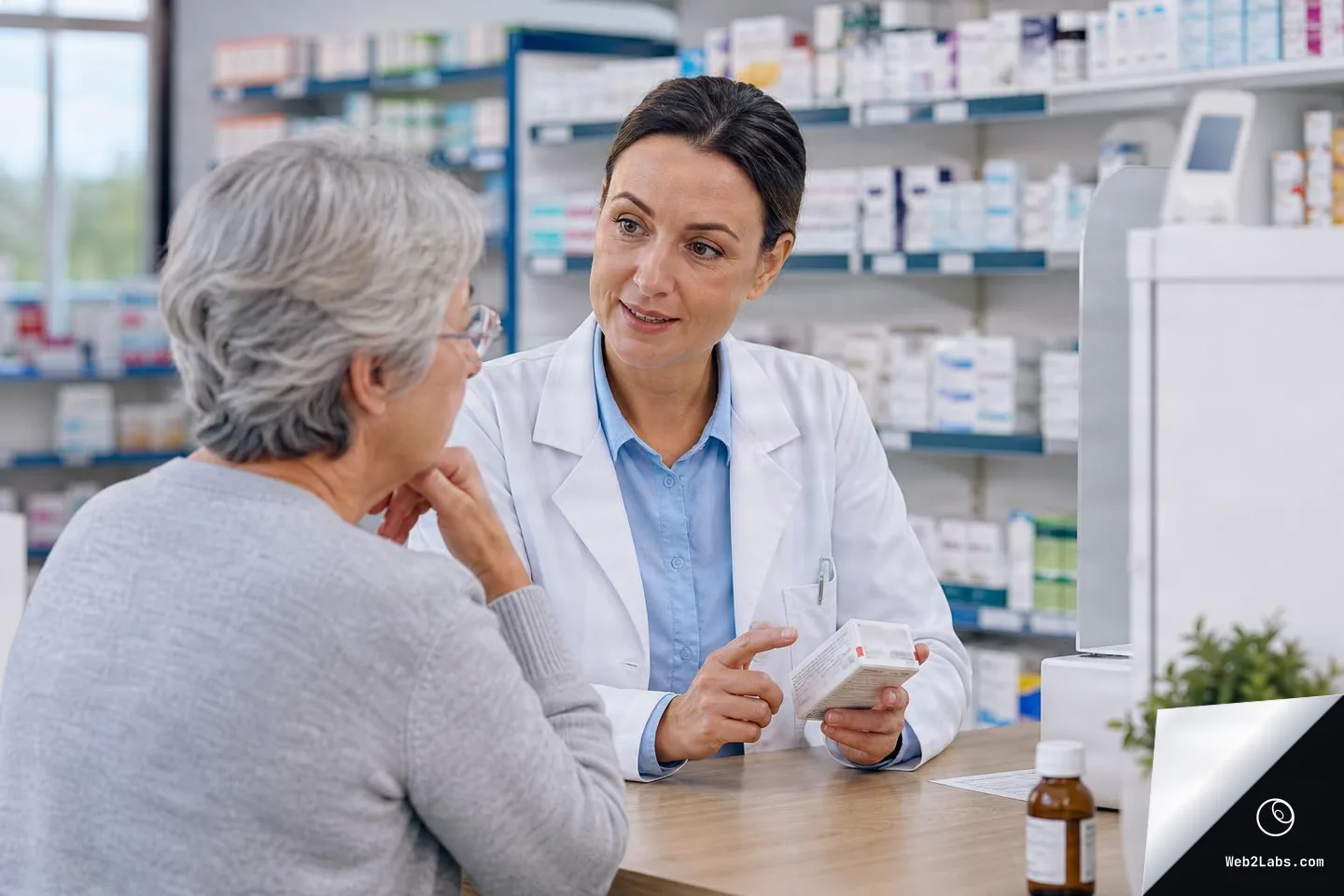A pharmacist in a white coat talks with a senior woman at a pharmacy counter while holding and pointing at a medicine box; shelves of medications are blurred in the background and a small bottle sits on the counter.