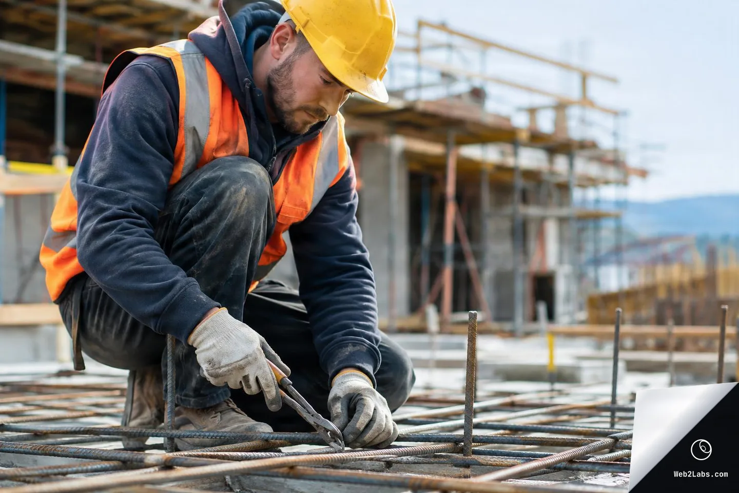 Construction worker wearing a yellow hard hat and orange safety vest crouches on a rebar grid, using pliers to tie wire on a building site with scaffolding blurred in the background.