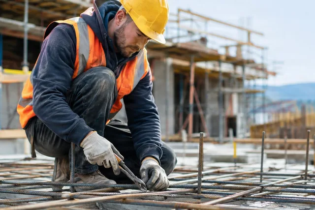 Worker Tying Rebar on Slab