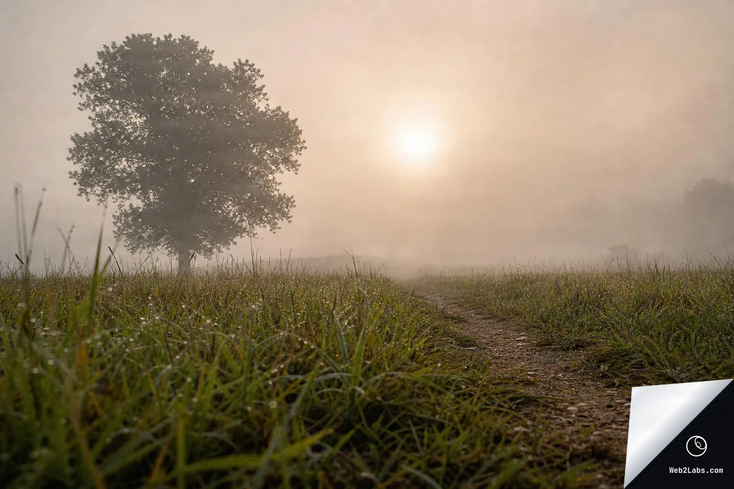 Ground-level view of a dirt path through wet grass leading to a lone tree, with the sun glowing through thick morning fog.