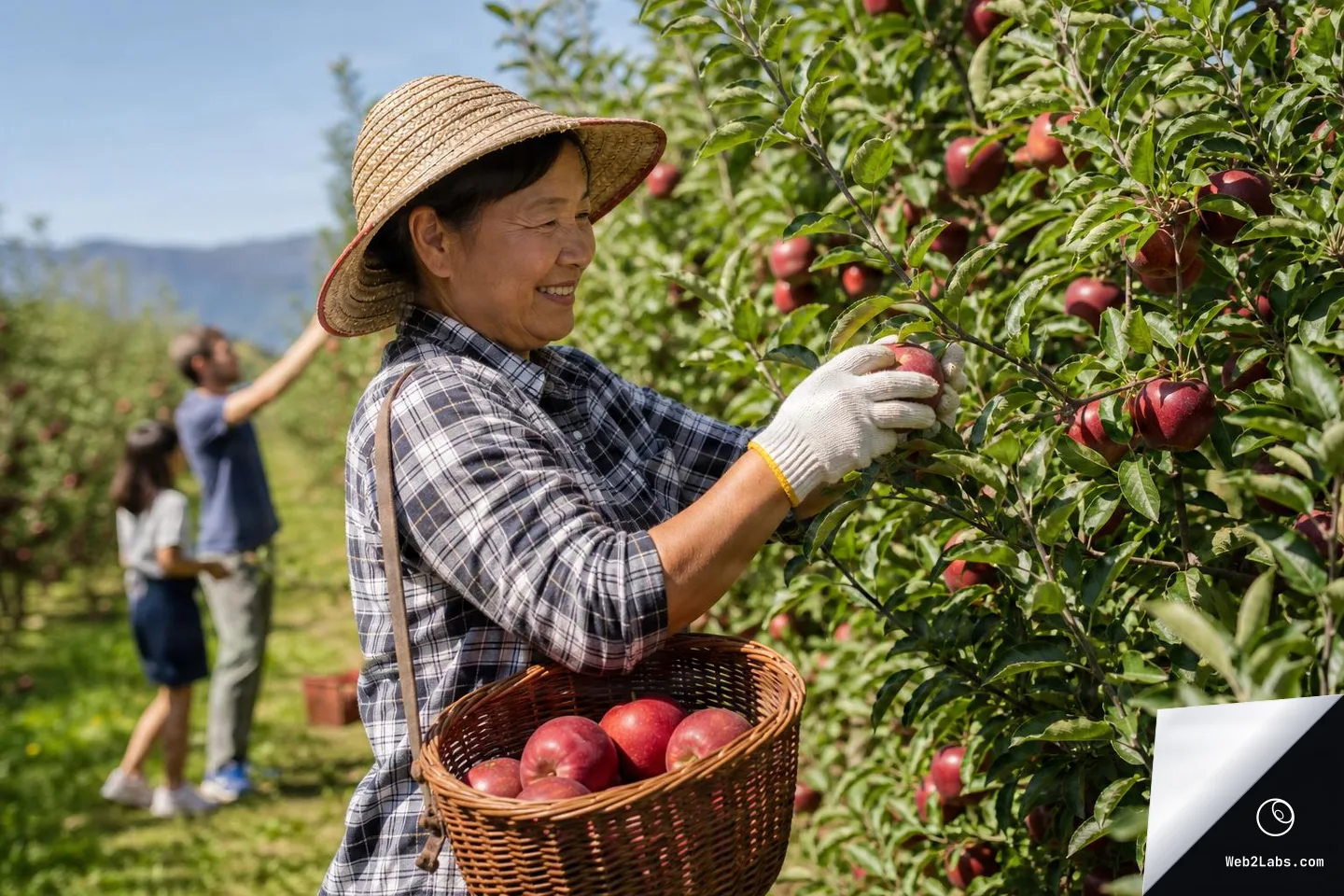 Smiling woman in a straw hat and gloves picks a red apple from a tree in a sunny orchard, holding a woven basket filled with apples while two people harvest in the background.