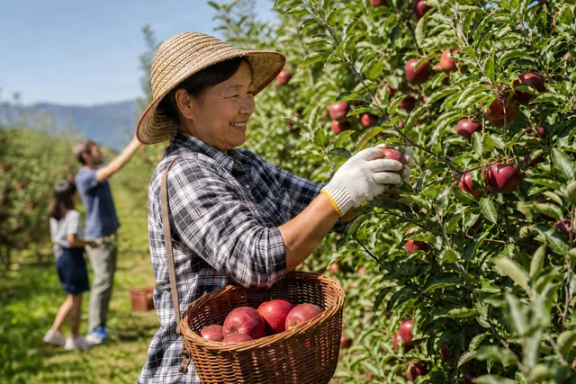 Woman Picking Apples in Orchard