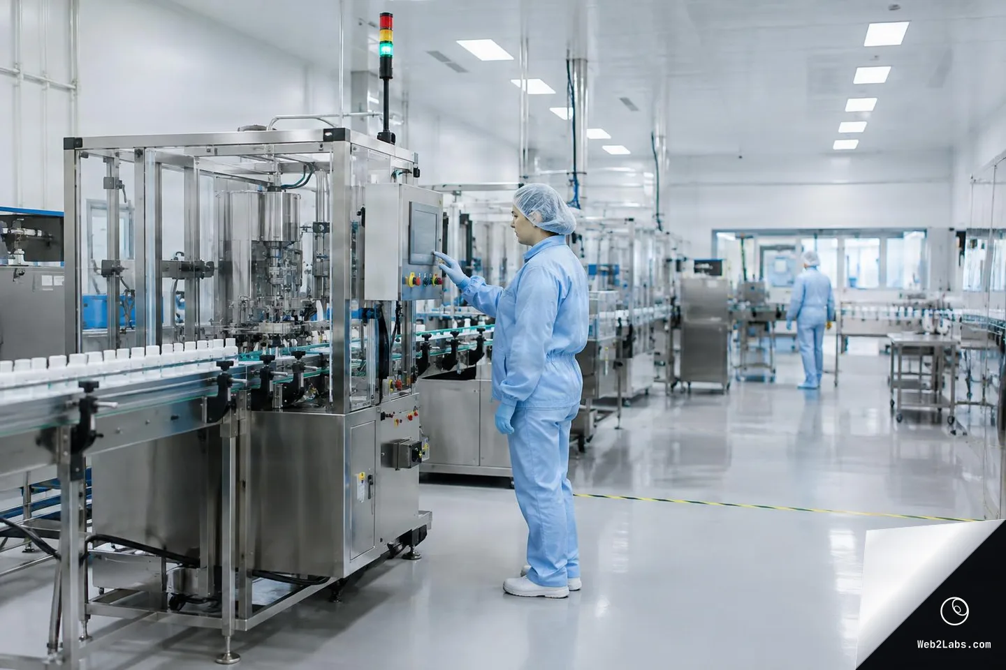 Worker in blue cleanroom suit and hairnet operating a control panel beside stainless automated packaging machinery on a clean production line in a bright factory room.