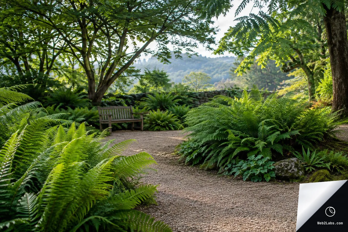 Curving gravel path through lush green ferns leading to a wooden bench beneath trees, with soft sunlight and distant hills beyond a low stone wall.