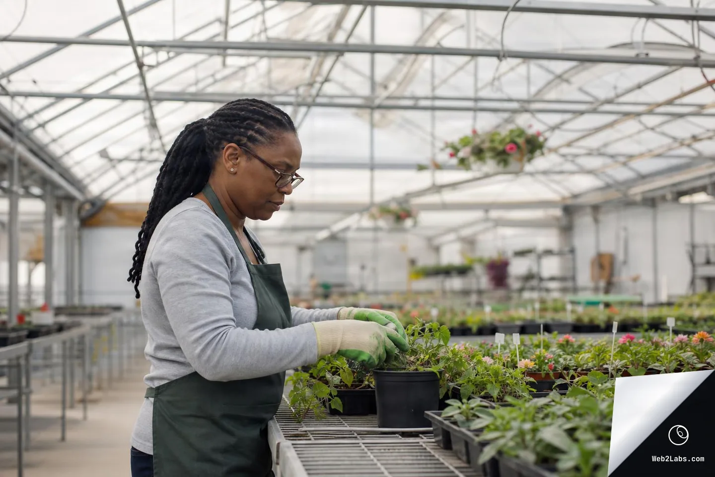 Side view of a woman in an apron and gloves tending potted seedlings on a greenhouse bench, with rows of plants and greenhouse structure in the background.