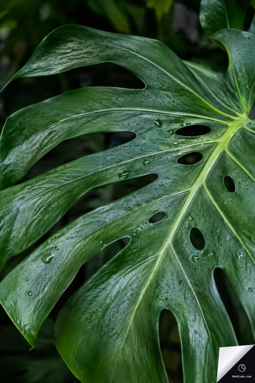 Vertical close-up of a glossy green monstera leaf with split lobes and holes, covered in small water droplets against a dark blurred tropical background.