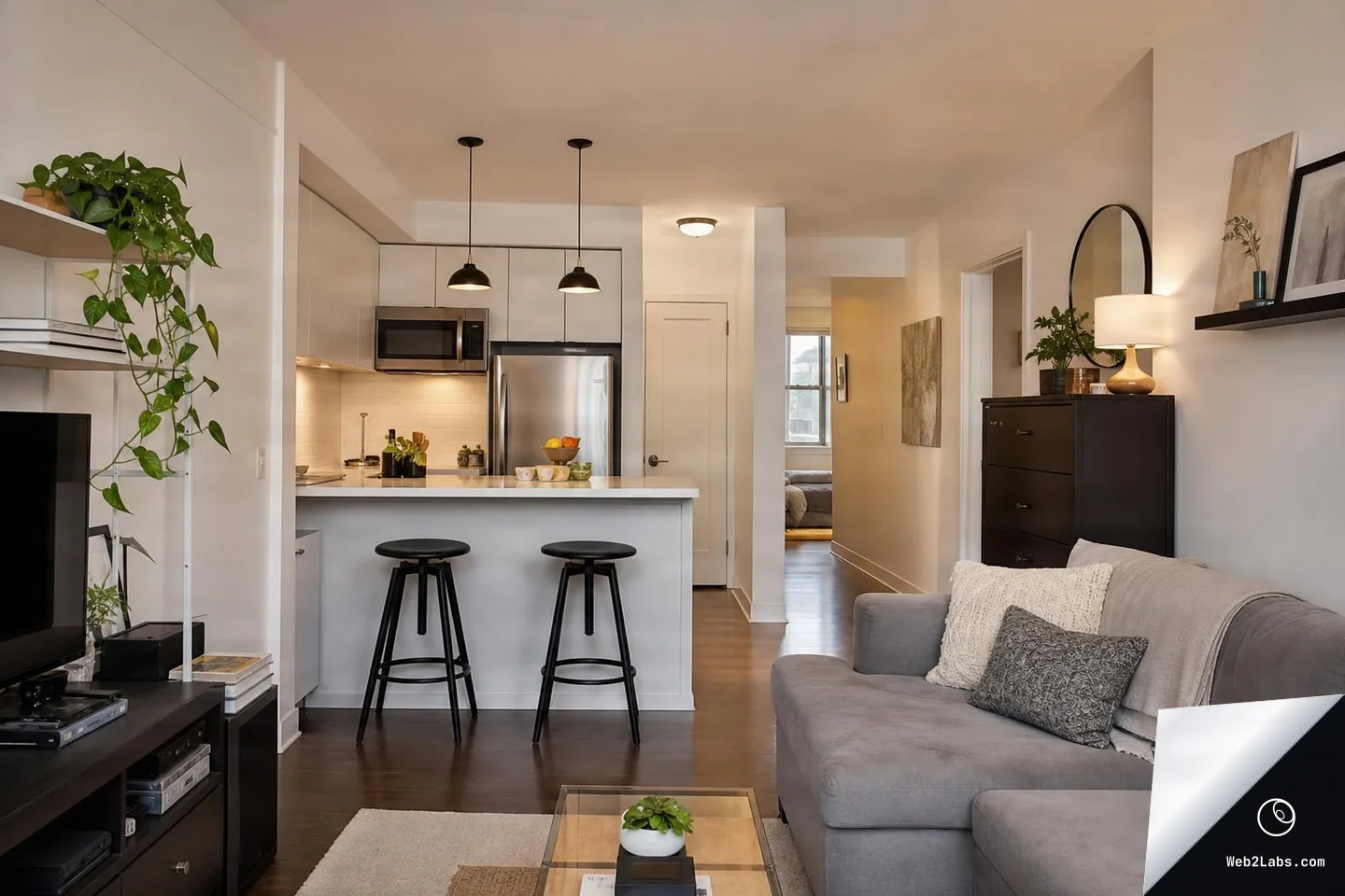 Modern small apartment with an open kitchen and breakfast bar, two black stools, stainless refrigerator and microwave, and a gray sectional sofa in the living area with a hallway leading to a bedroom.