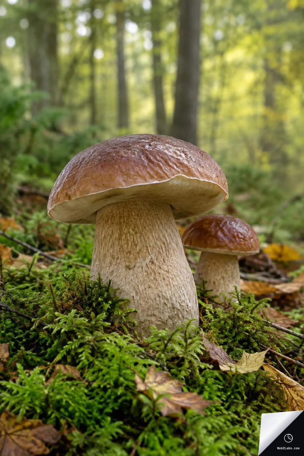 Low-angle vertical photo of two brown-capped porcini mushrooms growing from bright green moss with scattered fallen leaves, with a softly blurred forest of tree trunks in the background.